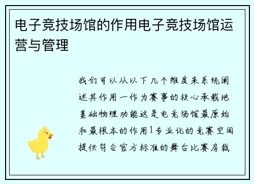 电子竞技场馆的作用电子竞技场馆运营与管理